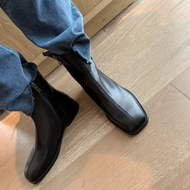 Xinzirain Wholesale Ladies Heel Wide Fit Square Toe Snake Print Genuine Leather Low Heel Women Ankle Boot