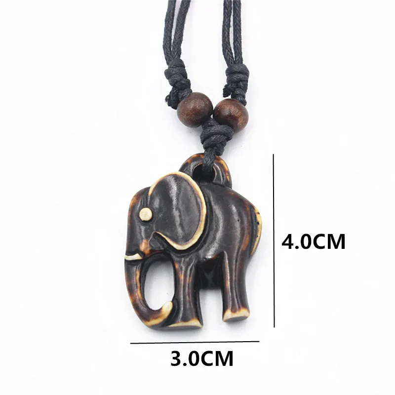 Bohemian Ethnic Style Black Rope Wooden Beads Necklace Retro African Tribal Hand Polished Brown Resin Elephant Pendant Necklace