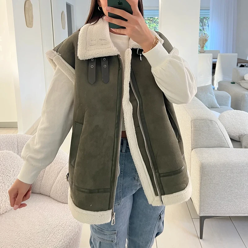 Moto Biker Lamb Wool Vests Women Fashion Suede Waistcoats Women Elegant Thick Warm Sleeveless Jackets Female Ladies