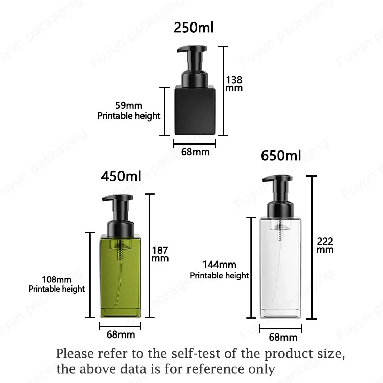 Fuyun Hot sale Refillable 250ml 450ml 650ml PETG plastic hand foam soap mousse cleanser foaming pump bottle