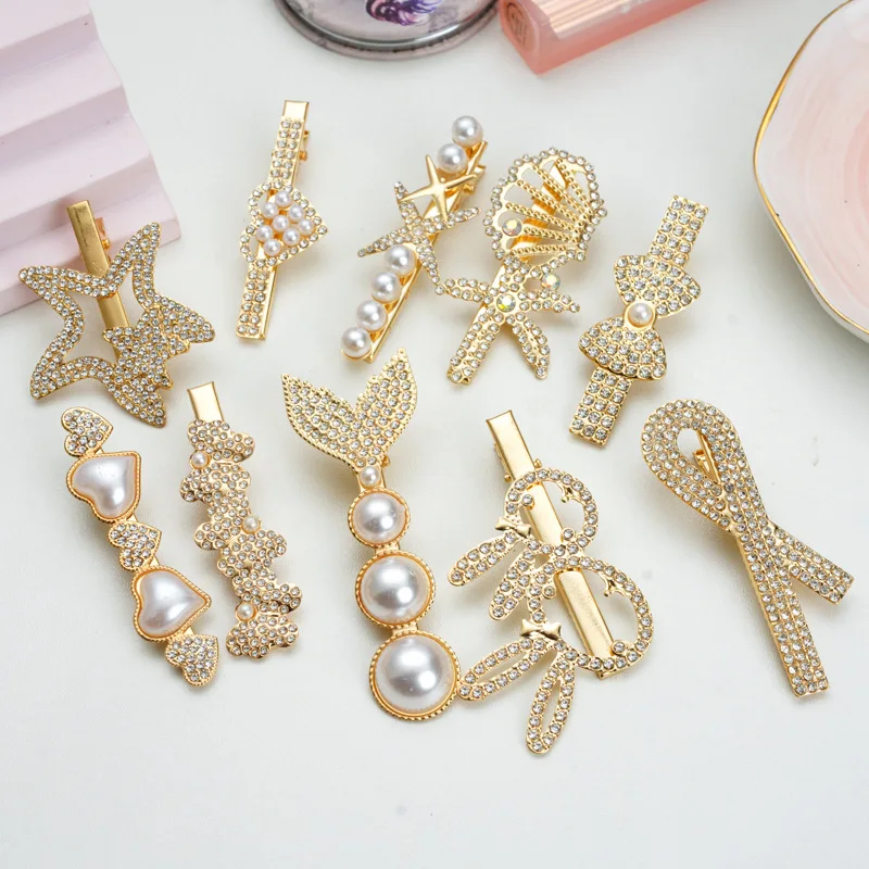 Fancy luxury rhinestone seashell hair pin pearl star crocodile ladies hair clips