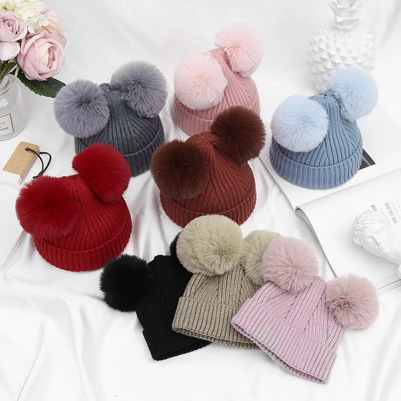 Wholesale Custom Baby Hat Cotton Thicken Winter Hat Double Pom Pom Children Kids Toddler Baby Knit Beanie Hats with Fur Pompom