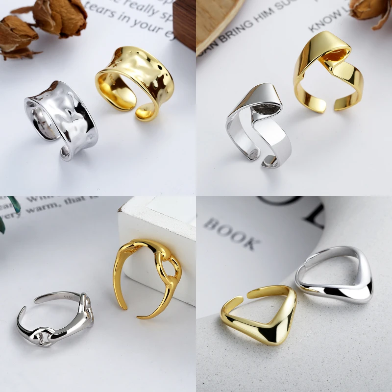 VANA 925 Sterling Silver Irregular Hiphop Rhodium Plated Rings Gold Plated Adjustable Women Men Open Band Statement Ring Jewelry