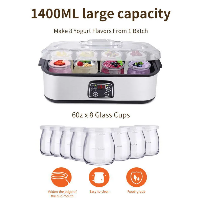 Household Electric Yogurt Machine Mini Yogurt Maker Electronic Digital Yogurt Maker Machine with 8 Glass Jars SNJ-159B BPA-Free