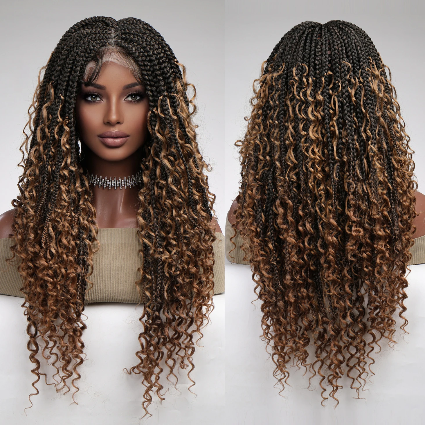 Japan Fiber Long Braided Wig Lace Front Mixed Golden Black Synthetic Wigs for Women Daily Hair Natural High Density