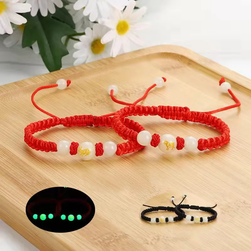 Rinhoo Luminous Beads 12 Chinese Zodiac Signs Charm Bracelets Vintage Handmade Braided Black Red Rope Bracelet Birthday Gifts