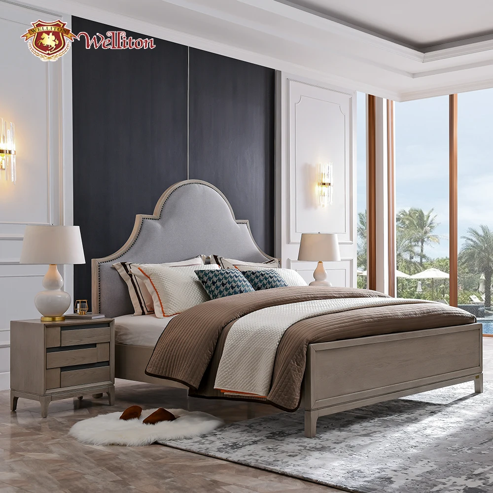 Welliton OEM&ODM  American Style Light Luxury Fabric Modern Bed A802-10  High Backrest Solid Wood Double Master Bedroom Bed