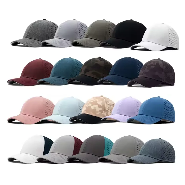 Custom Baseball Hat 6 Panel Kelly Green Waterproof Laser cut Custom Pattern PVC Logo Sports Trucker Perforated Performance Cap