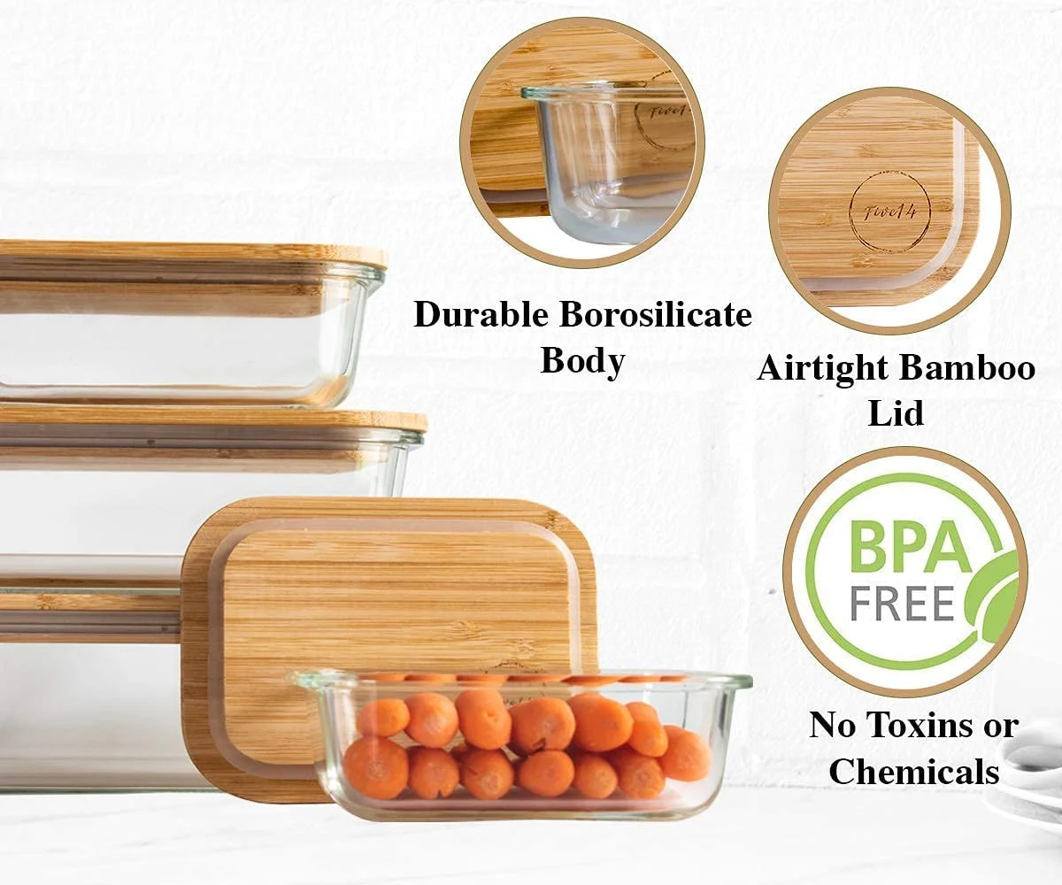 Kitchen Rectangle glass meal prep food storage container set lunch box lunchbox with bamboo wooden lid