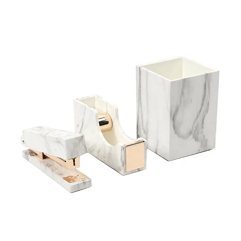 Marble White Desk Organizers Set  Gold Stapler Staples Tape Dispenser Pen  Holder