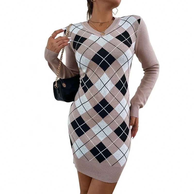 2024 New Collection Ladies Knitwear Suppliers Custom Argyle Pattern Bodycon Sweater Dress Geometric Knitted Fit Jumpers Woman