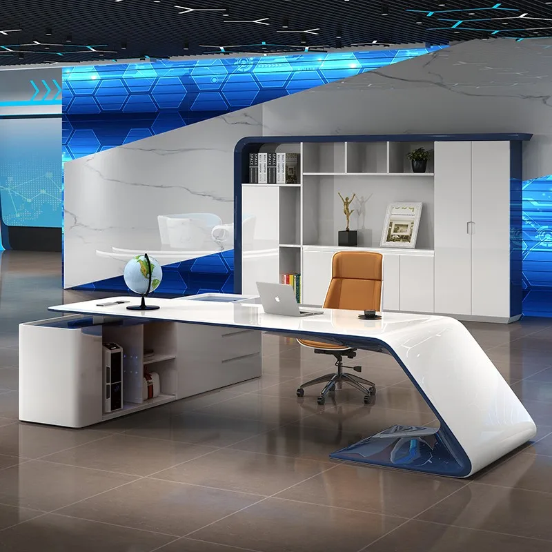 Modern high-end luxury school office furniture L shaped executive manager with side cabinet white desk