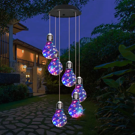 Solar Wind Chimes with 6 Light Cracking Glass Bulbs and 30 LED Copper Wire Outdoor Hanging Lights for Courtyard Fulfillment