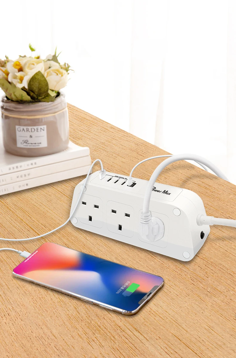 BS Type 6-outlet desktop power strip with 5-USB Type-c Children Protected Outlet 2 side design wide outlet space socket