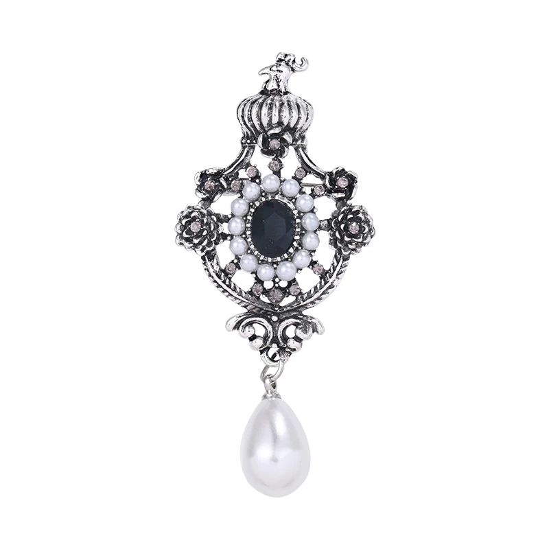 New Arrival Vintage Style Simulated Pearl Drop Antique Silver Plated Design Brooches