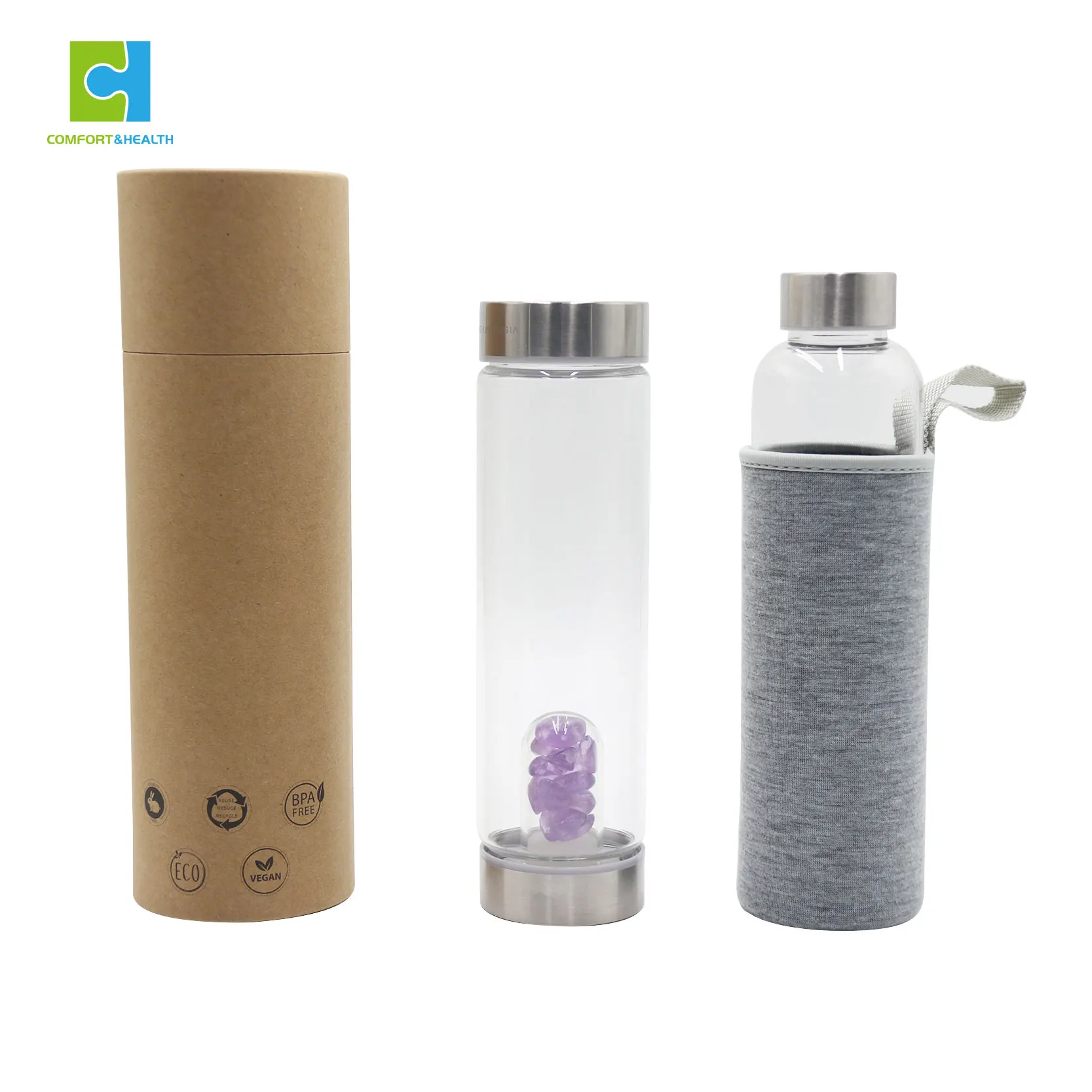 Подарок на день Святого Валентина, бутылка для воды с логотипом на заказ, не содержит Бисфенол А, спортивное стекло, Хрустальный драгоценный камень, Бамбуковая бутылка с подарочной коробкой