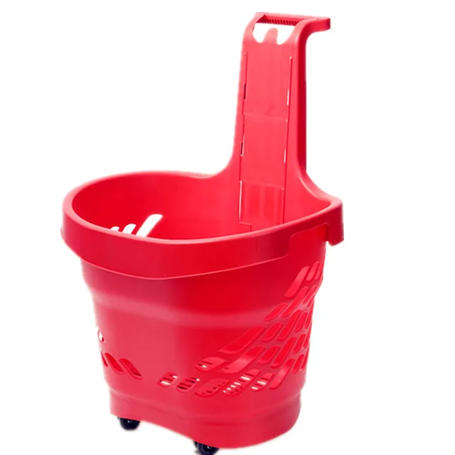 Wholesale plastic shopping basket with wheels rolling basket for grocery retail supermarket with OEM logo print