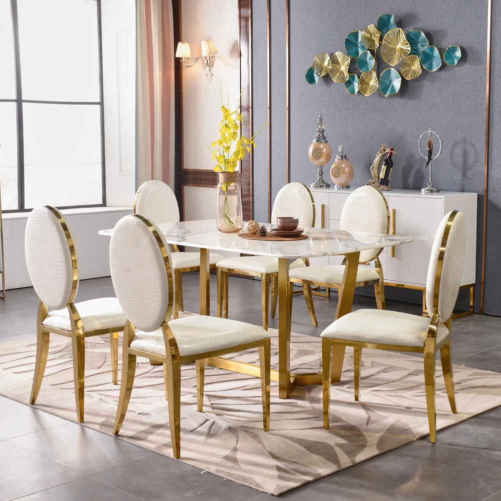 wholesale luxury hotel restaurant table and chairs stainless steel metal furniture sets