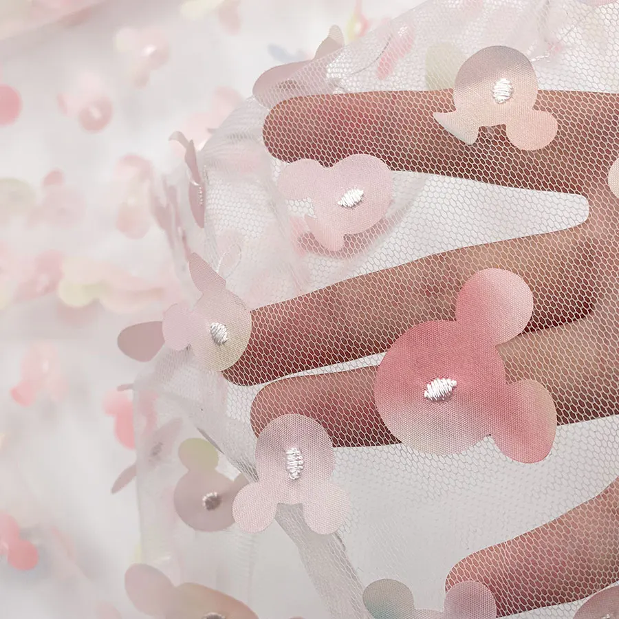 Textile embroidery 3D rainbow multicolor laser cutting printed mickey mouse appliques tulle mesh fabric