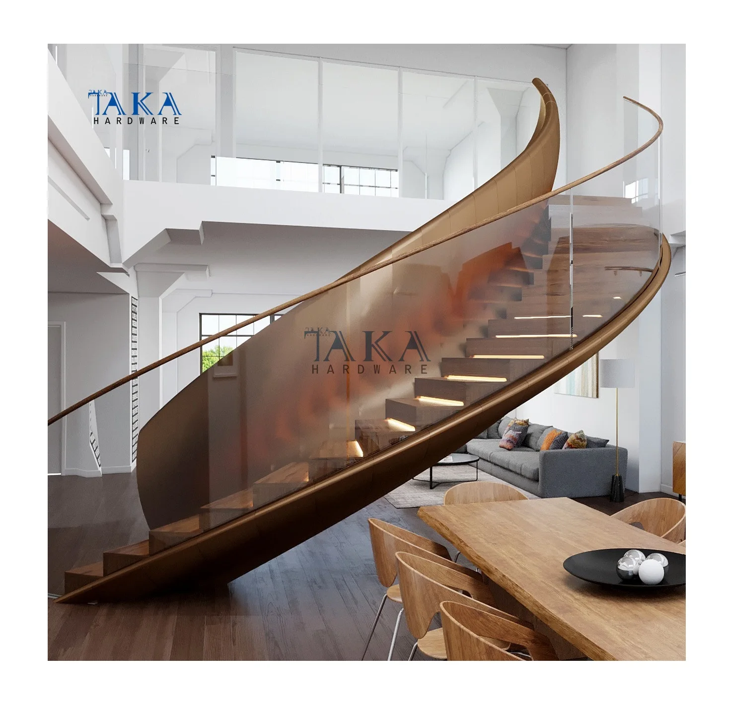 Helical Arc Floating Staircase With Glass Railing and Solid Wood Treads Indoor Wood Curved Stairs