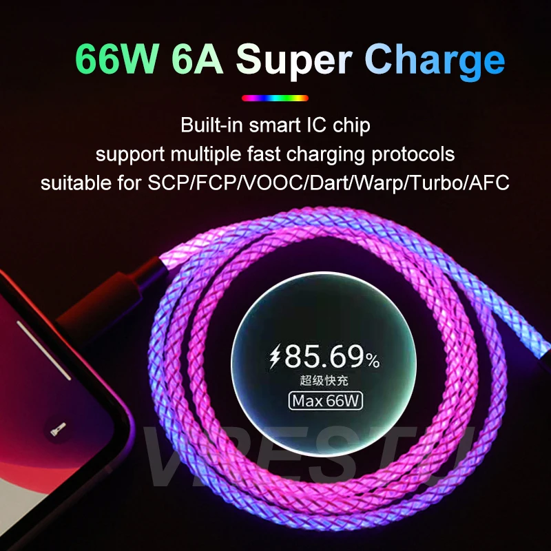 2022 Rgb 6a Fast Charge Cable Zinc Alloy Data Cable USB Type C LED Light Emitting Multicolor Gradient 66w Fast Charge Cable