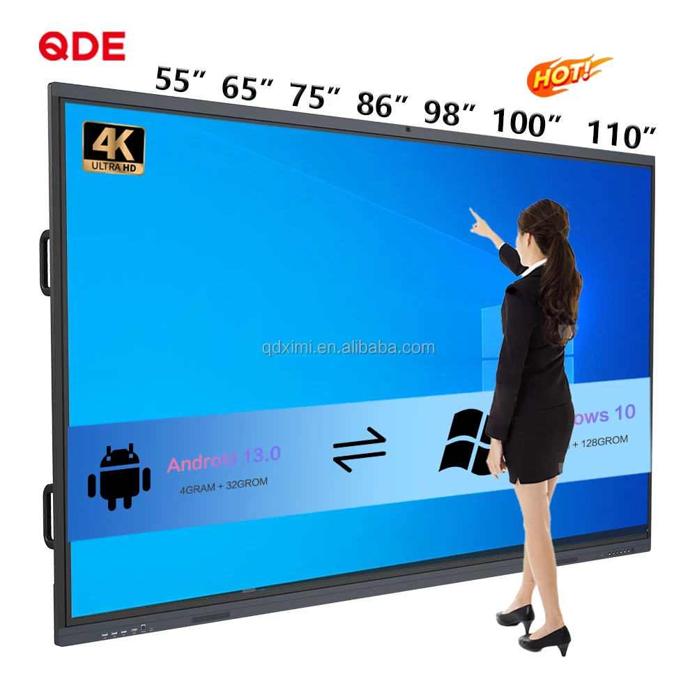 QDE заводская цена 4k 55 65 75 85 96 110 дюймовый сенсорный экран многоязычное программное обеспечение ЖК-дисплей смарт-андроид интерактивная доска