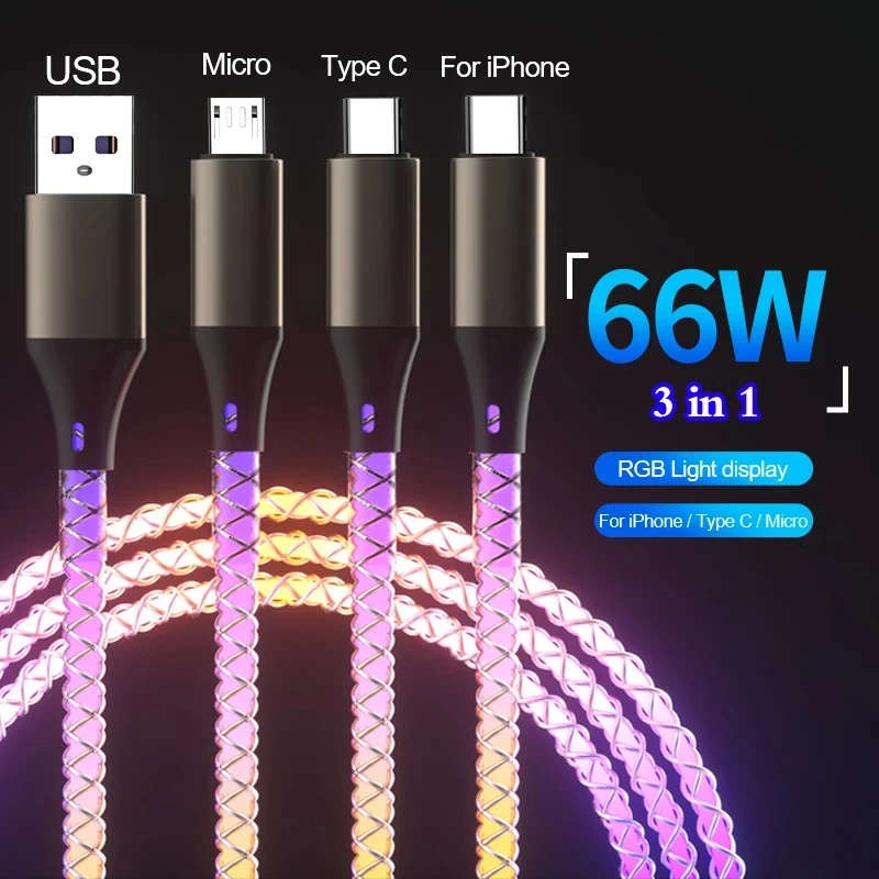 3 in 1 Fast Charging Type C Cable 66W 6A Micro USB RGB Colorful Streamer Glowing Line 8Pin Charger Cable For iPhone For Samsung