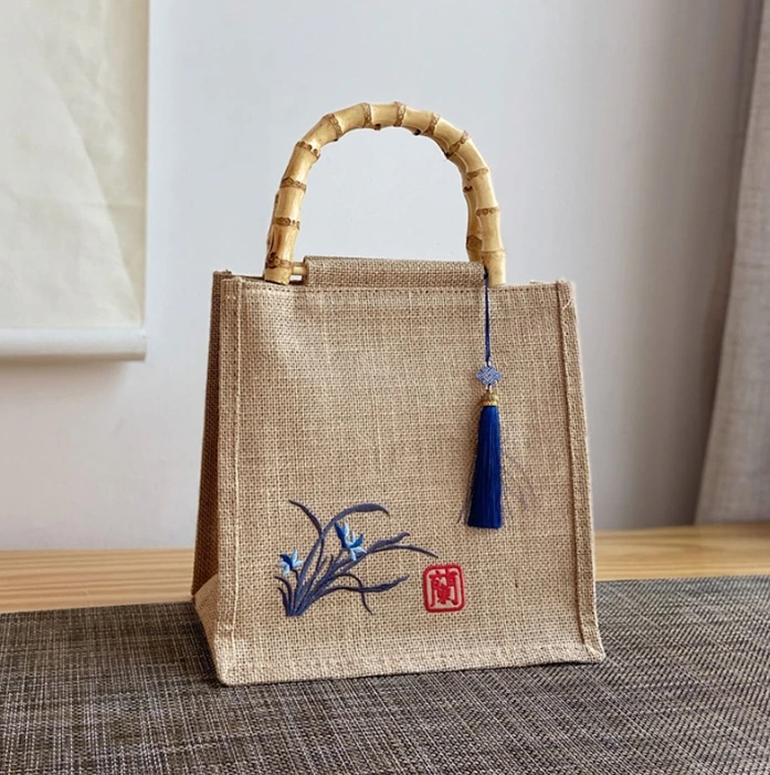 Linen Handbag Wholesale High-grade Gift Antique Shopping Burlap Bag Custom Cotton Jute Bag With Bamboo Handle Sack