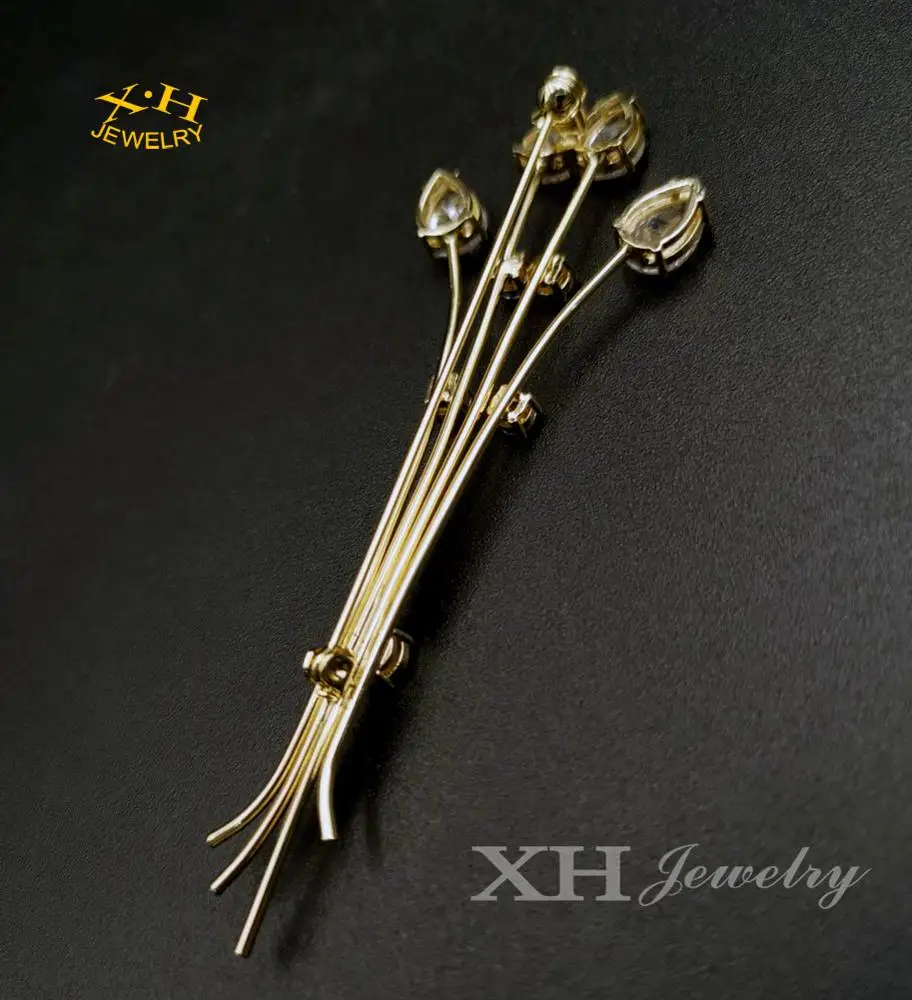 High quality Fashion Custom CZ Diamond Water Drop Wheat Brass Copper Pin Brooch For Women Girls Bridal