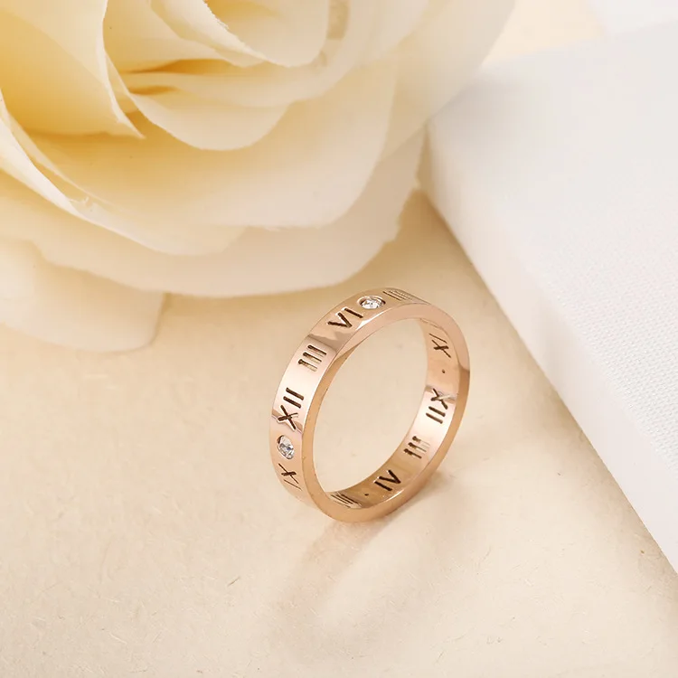 2021 Fashion Designs Couples Creative Jewelry Rose Gold 18K Roman Numerals Titanium Steel Ring With Diamonds