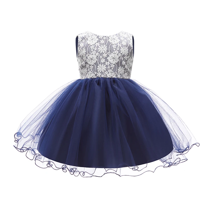 Custom Sleeveless Lace Girl Dress Blue 4 Years Big Bow Flower Dresses Girl Baby Dresses Flower