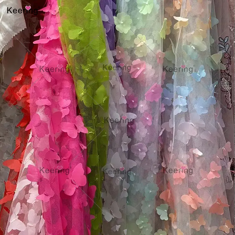 Keering China Wholesale Flower Embroidered Lace Butterfly Tulle 3D Air Mesh Fabric For Wedding Dresses