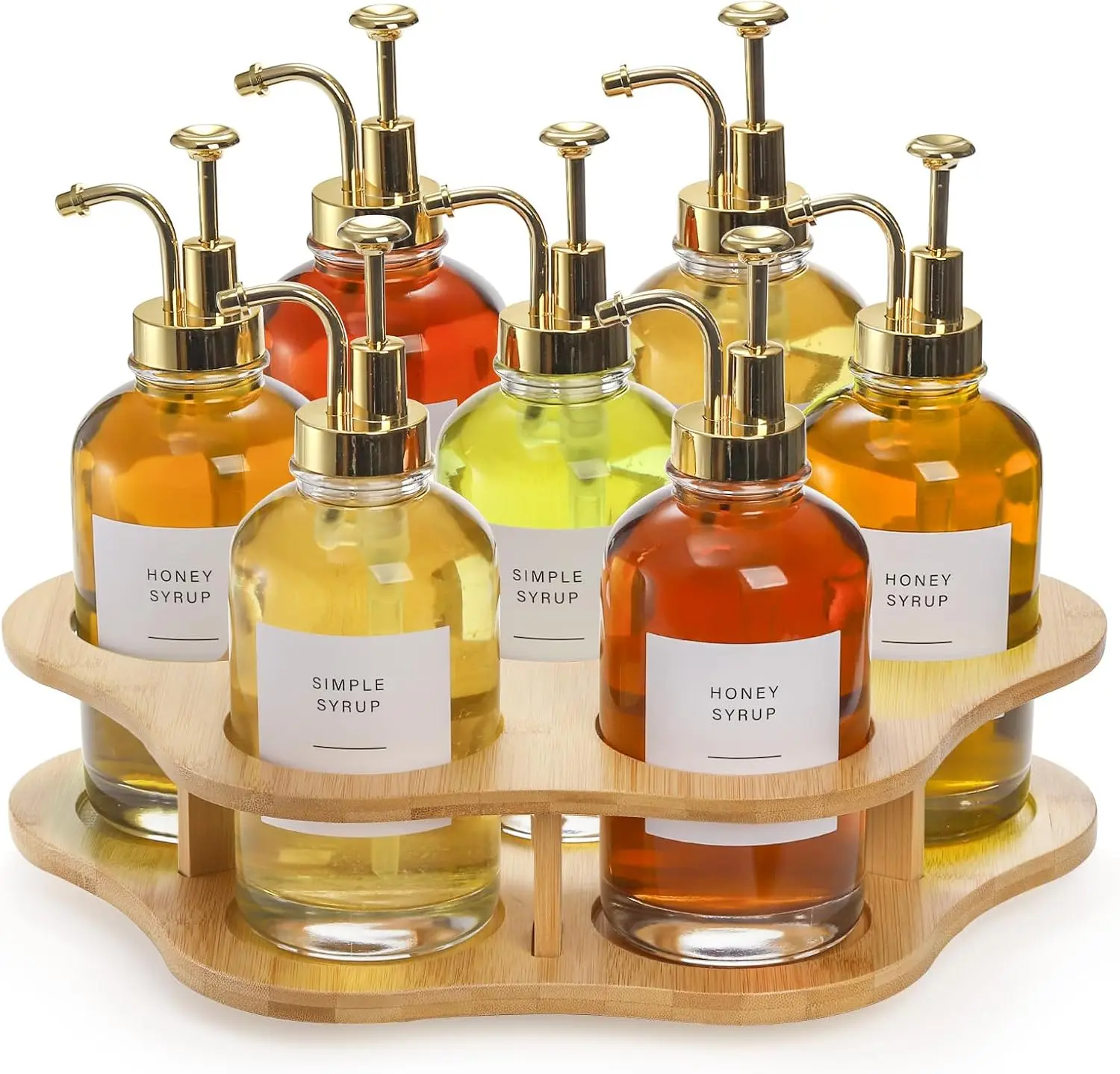 Rotating Coffee Syrup Organizer Rack, 7 Bottles Holder Lazy Susan Bamboo Freestanding Wine Rack Coffee Bar Display Stand