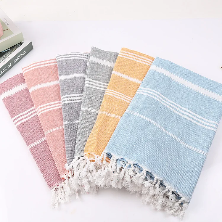 Wholesale Geometric Striped Doble Side 100% Cotton Boho Green Turkish Flat Weave Terry Cloth Beach Towel