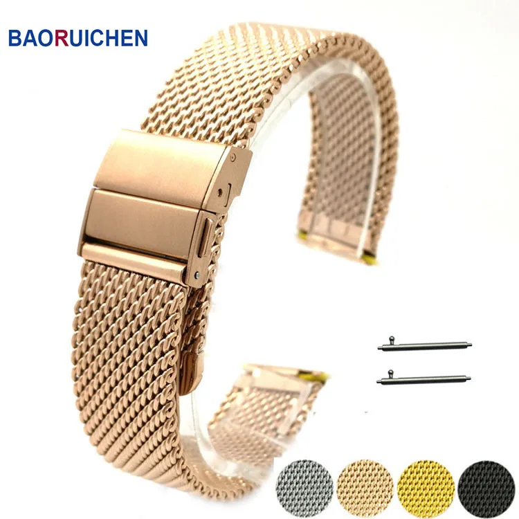 Black/Silver/Rose/ Gold 18mm/20mm/22mm Watch Band Mesh Stainless Steel Strap Fold Over Clasp Watches Replacement Bracelet