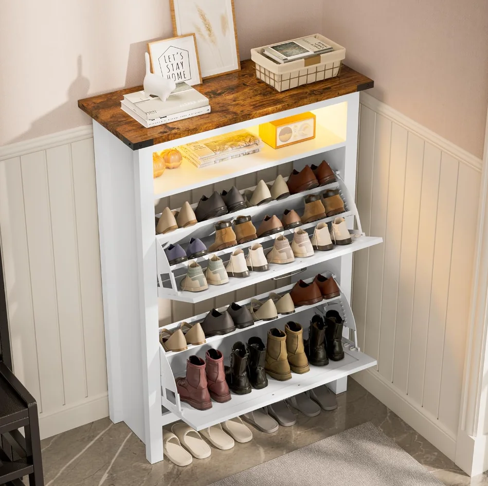 Shoe Cabinet with 2 Flip Drawers & Open Storage Space Entryway Shoe Storage Cabinet with LED Light Shoe Organizer for Entryway