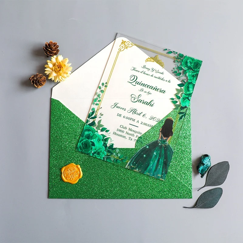 Customize Your Own Design Clear Acrylic Princess Quinceanera Party Birthday Wedding Invitation Card with Green Glitter Envelope