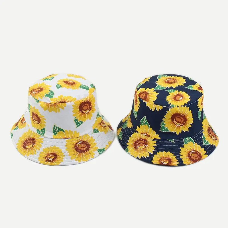 Summer Spring Cap For Women Girls Reversible Foldable Cotton Panama Caps Flower Fisherman Hats Sunflower Printing Bucket Hat