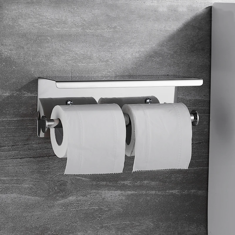 Bathroom stainless tissue roll double toilet paper holder with shelf