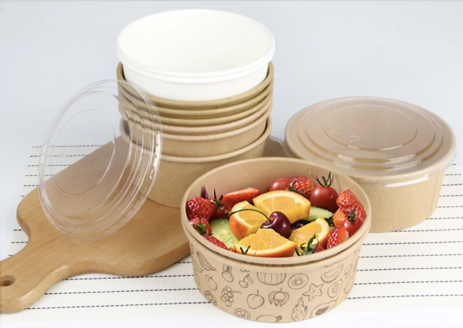 Custom Print Paper Bowls Heatable Induction Rice Soup Salad Disposable Kraft Paper Cup Bowl With Lid Food Packing Containers