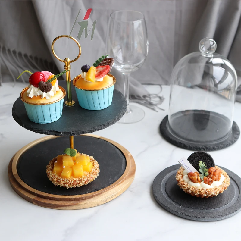 Slate 2-Tiered Round Dessert Cupcake Stand Macaron Fruit Displaying Stand Serving Tray with glass dome