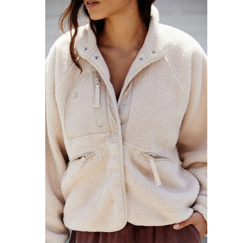 Wholesale Front Zipper Pocket Monogrammed Hiking Mountain Sherpa Jacket Vintage Girls 90s Deep Pile Fleece Jacket