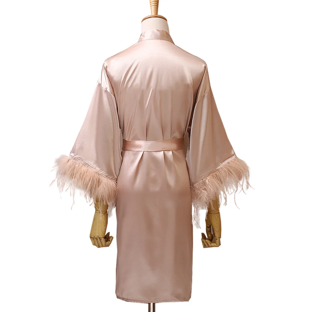 2021 Ostrich Feather Silk Satin Pajama Pink Pajamas With Feathers Wedding Bridal Party Satin Feather Robes