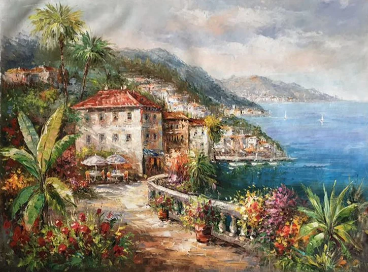 High quality handmade oil painting mediterranean village sea landscape heavy texture oil painting on canvas art