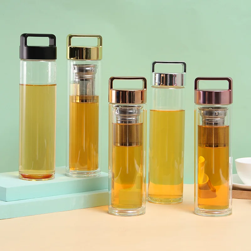 Seaygift portable handle clear double wall tea separation glass cups tea infuser glass water bottles with tea strainer