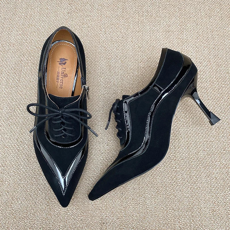 Factory Universe P024 Ladies Pumps Genuine Leather Square Heel Lace-up Kid Suede Pointed Toe Women High Heel Dress Shoes