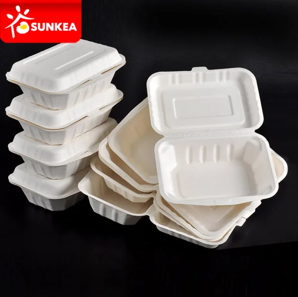 Sustainable biodegradable and compostable bagasse pulp clamshell box