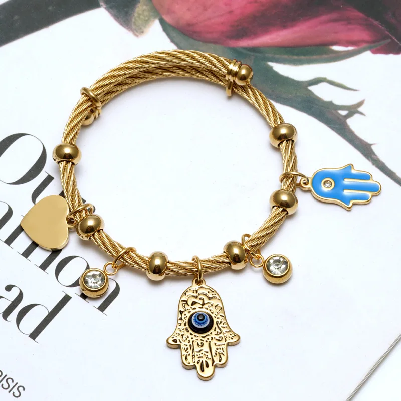 Best Seller Islamic Turkey Fatima Hand Bracelet Women Oil Drip 18K Gold Plated Steel Wire Bracelet