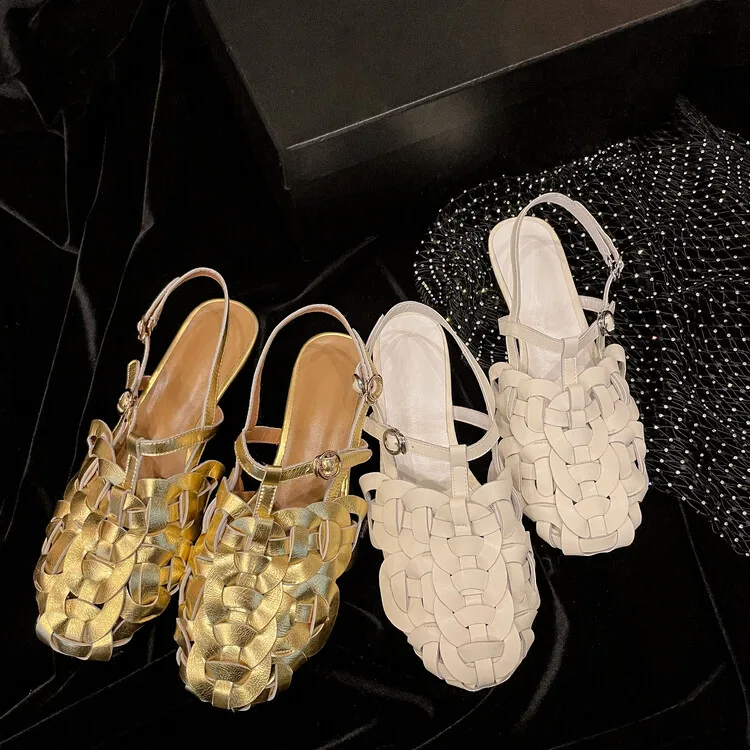 XINZI RAIN 2024 Summer Ladies Slide Sandal Round Toe Gold Pure Leather Slingbacks 3cm Heel Women Braided Sandals