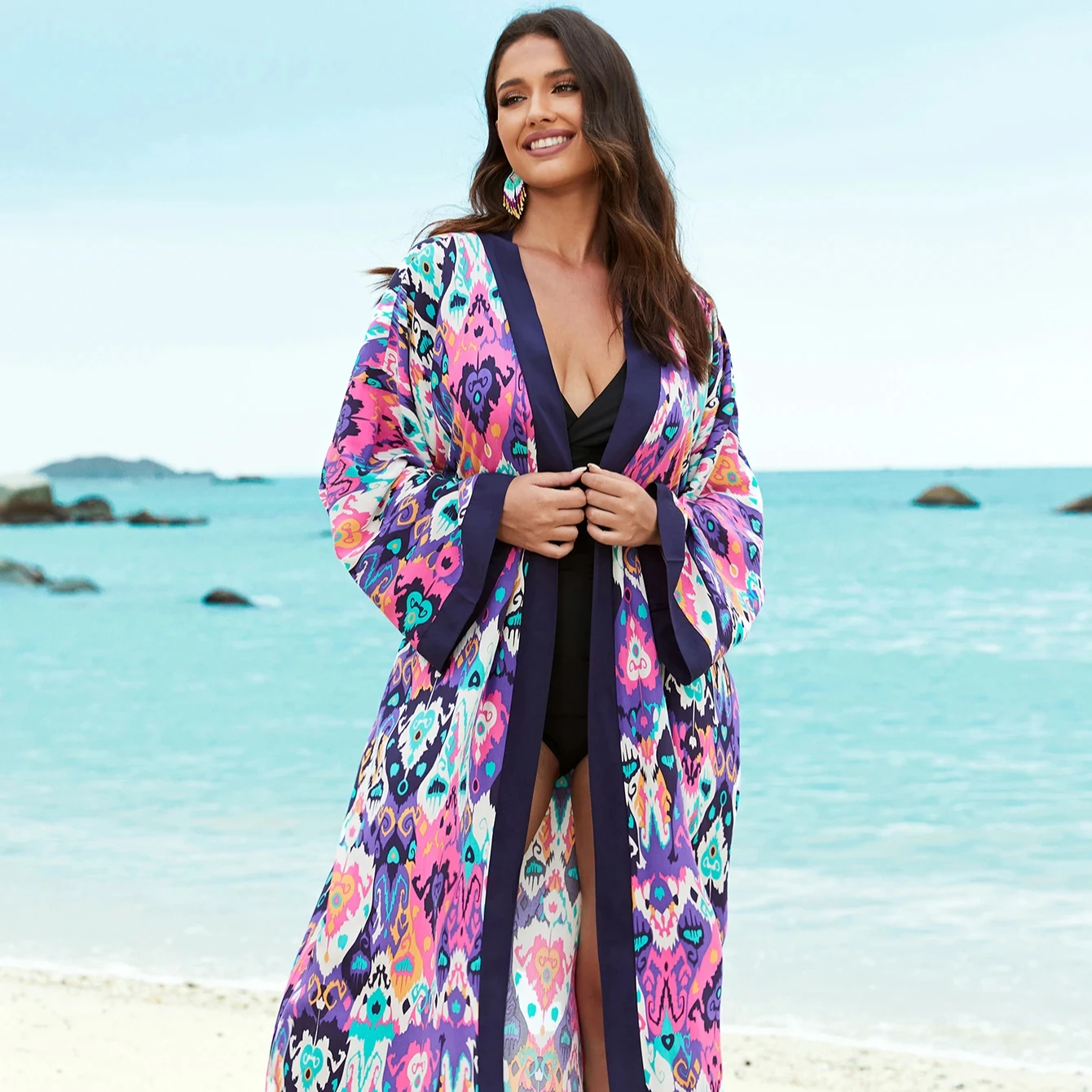 Women Vintage Maxi Dresses Kimono Cardigan Swimsuit Cover Up Elegant Robe Bikini Cover Up